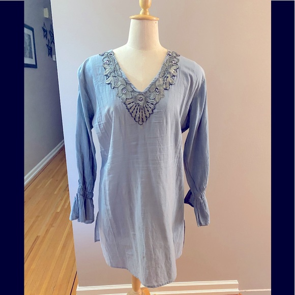 None Tops - Cotton long sleeved tunic, dress in a bluish hue.